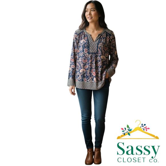 DR2 Navy Paisley V Neck Top Contrast Trim Cotton Relaxed Fit Women’s Size XL EUC - Picture 1 of 7